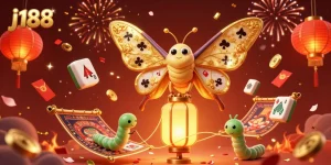 Experience exciting gameplay at j188 with vibrant casino-themed fantasy art featuring golden moths and festive elements.