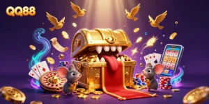 Attract fortune with QQ88's golden treasure chest and vibrant games in a richly detailed casino scene.