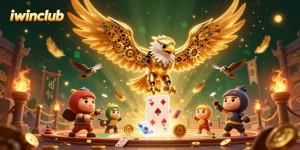 Engage in thrilling gaming at iwinclub, exploring a 3D scene with a golden eagle amid playing cards and casino elements.