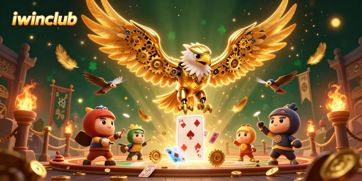 Engage in thrilling gaming at iwinclub, exploring a 3D scene with a golden eagle amid playing cards and casino elements.