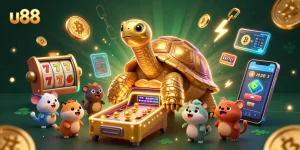 Experience the excitement at u88 with a vibrant casino scene featuring a dynamic tortoise and slot games.