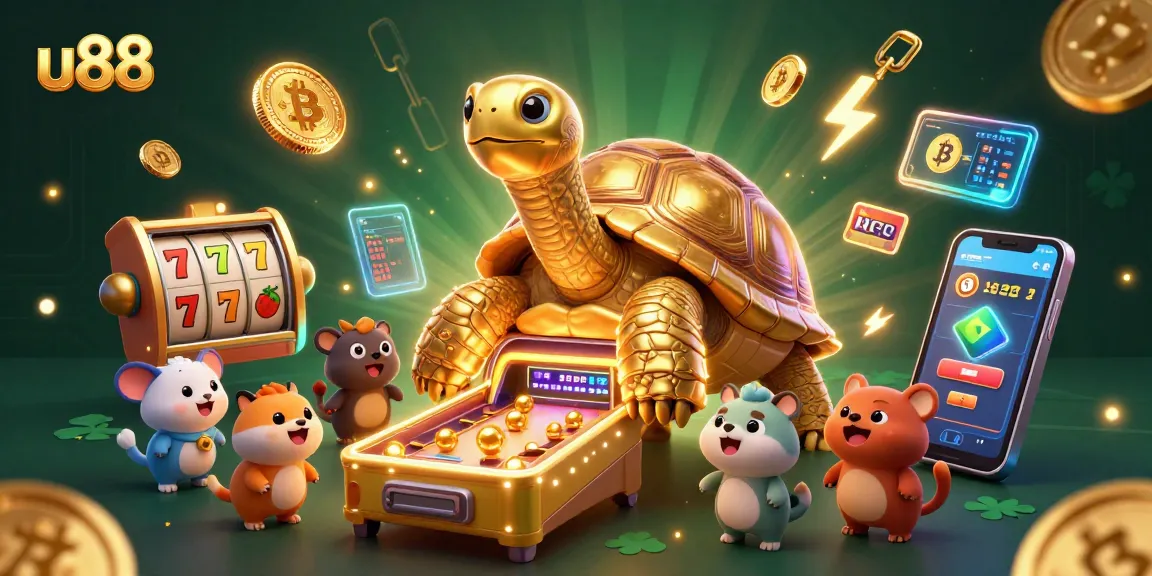 Experience the excitement at u88 with a vibrant casino scene featuring a dynamic tortoise and slot games.