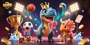 uu88 promotes betting excitement as a T-Rex shuffles cards with its assistant in a lively casino atmosphere.