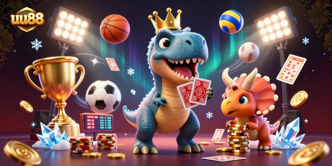 uu88 promotes betting excitement as a T-Rex shuffles cards with its assistant in a lively casino atmosphere.