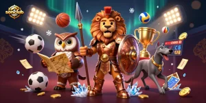 Engage in thrilling gaming adventures at sonclub with the dynamic Spartan lion and tactical owl amidst vibrant sports elements.