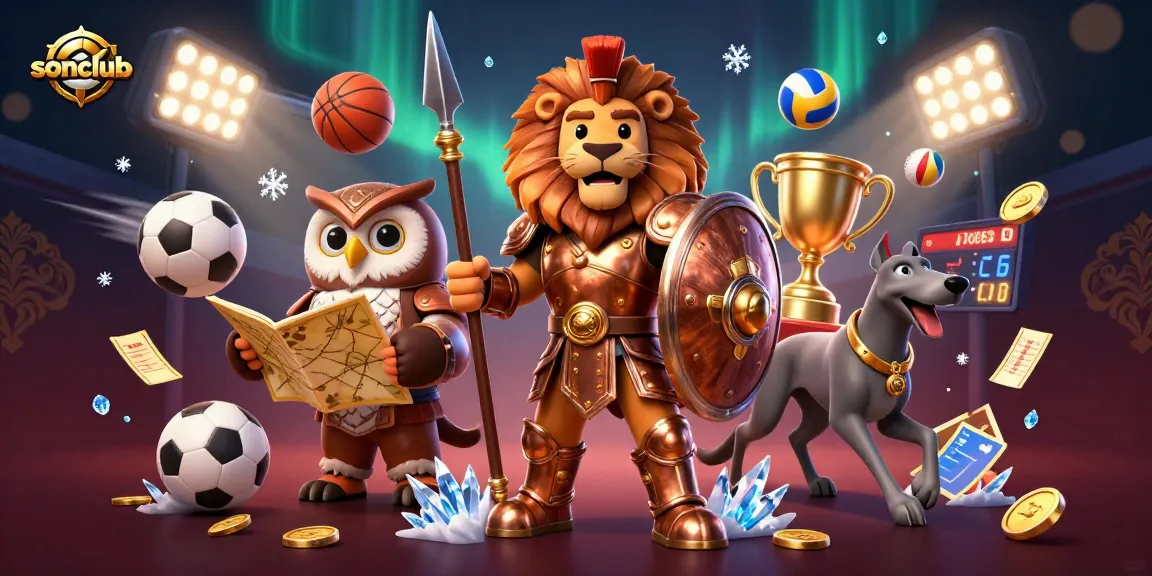 Engage in thrilling gaming adventures at sonclub with the dynamic Spartan lion and tactical owl amidst vibrant sports elements.