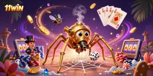 Engage with thrilling gameplay at 11WIN as golden coins, poker chips, and a steampunk spider animate the scene.