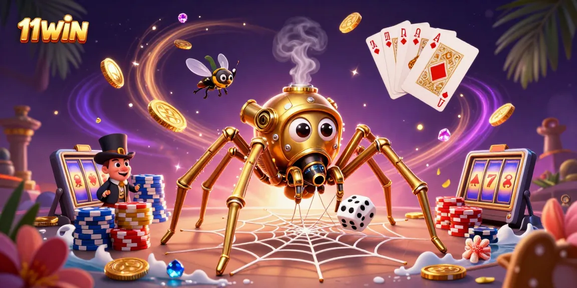 Engage with thrilling gameplay at 11WIN as golden coins, poker chips, and a steampunk spider animate the scene.