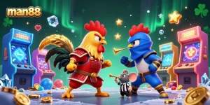 Experience thrilling action with man88 as cartoon roosters battle amidst dazzling casino elements.