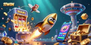 Experience winning jackpots with 11WIN's dynamic casino space adventure featuring a golden penguin.