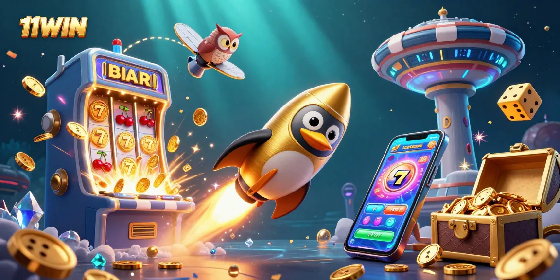 Experience winning jackpots with 11WIN's dynamic casino space adventure featuring a golden penguin.