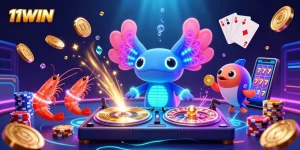 Experience the vibrant energy of 11WIN with a neon underwater casino scene featuring an axolotl DJ and energetic sea creatures.