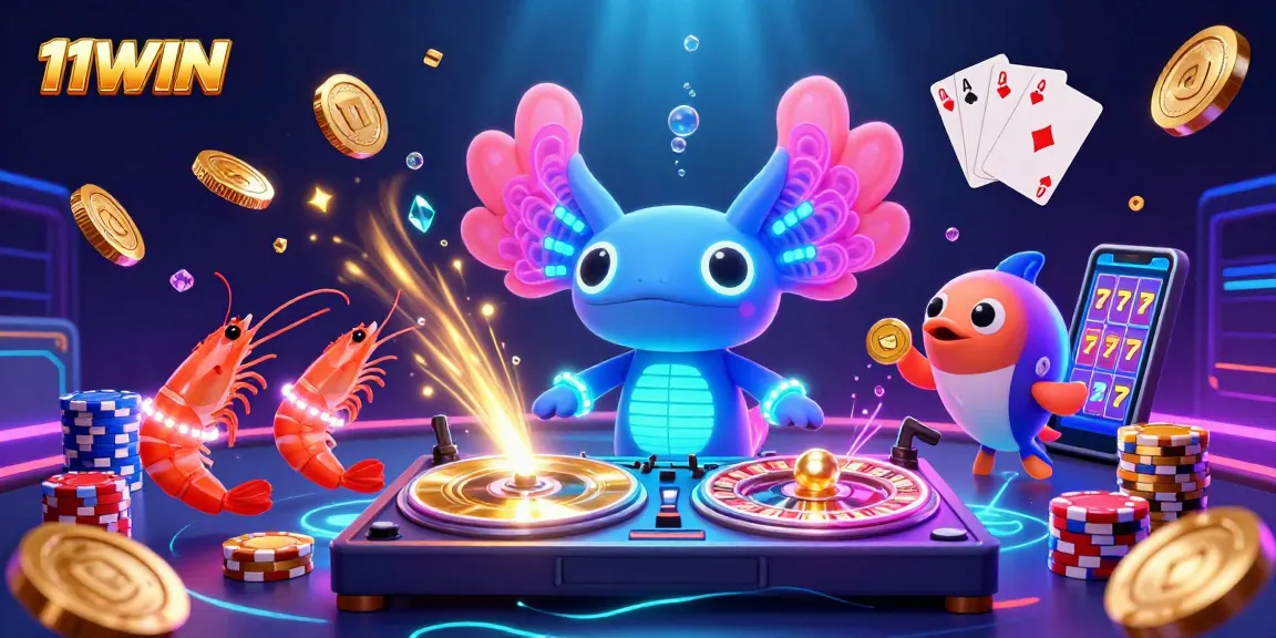 Experience the vibrant energy of 11WIN with a neon underwater casino scene featuring an axolotl DJ and energetic sea creatures.