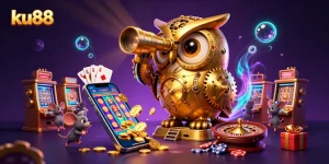 Engage with ku88 in a vibrant, action-packed digital casino scene featuring a whimsical golden owl and wind-up mice.