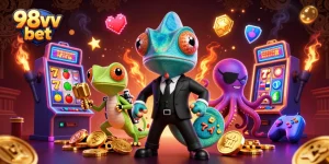 Engage with 98vv bet to win in style, featuring a vibrant casino scene with characters interacting dynamically.