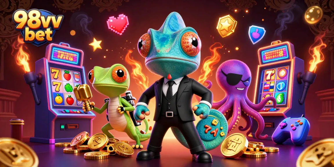 Engage with 98vv bet to win in style, featuring a vibrant casino scene with characters interacting dynamically.