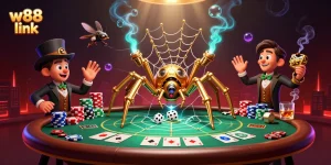 Engage with exhilarating w88 link action featuring a steampunk spider web of golden chains and dice.