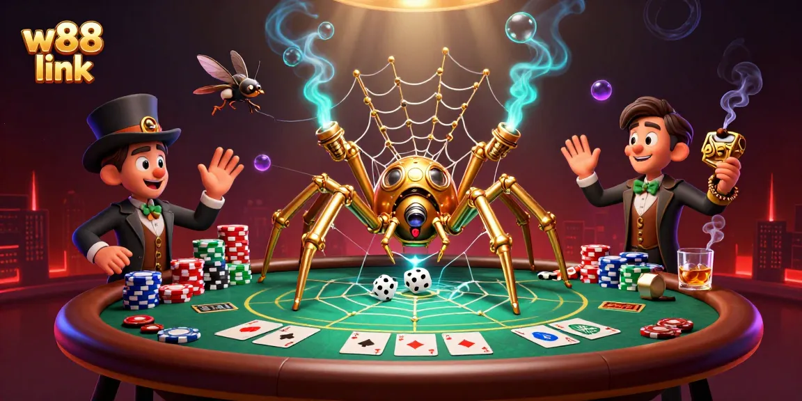 Engage with exhilarating w88 link action featuring a steampunk spider web of golden chains and dice.