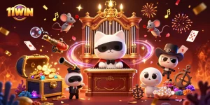 Win big with 11WIN at a vibrant casino featuring animated characters and dynamic gaming elements.