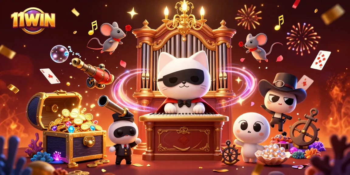 Win big with 11WIN at a vibrant casino featuring animated characters and dynamic gaming elements.