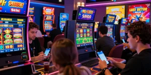 Engaged players enjoying online gambling at SHBET, showcasing vibrant betting atmosphere and mobile interaction.