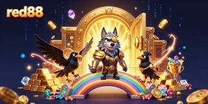 Experience the thrill of red88 with glowing treasures and dynamic Norse mythology characters in a casino setting.