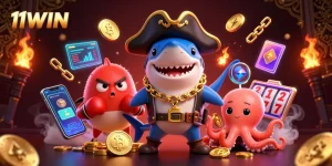 Join 11WIN's vibrant 3D adventure with a pirate shark, pufferfish, and octopus in a bustling slots scene.