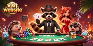 Engage with a vibrant scene showing a suave raccoon and friends at a poker table, visit website for thrilling action!