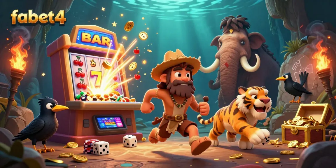 Join the prehistoric fun with fabet4, featuring a lively casino scene with a caveman duo and engaging gaming elements.