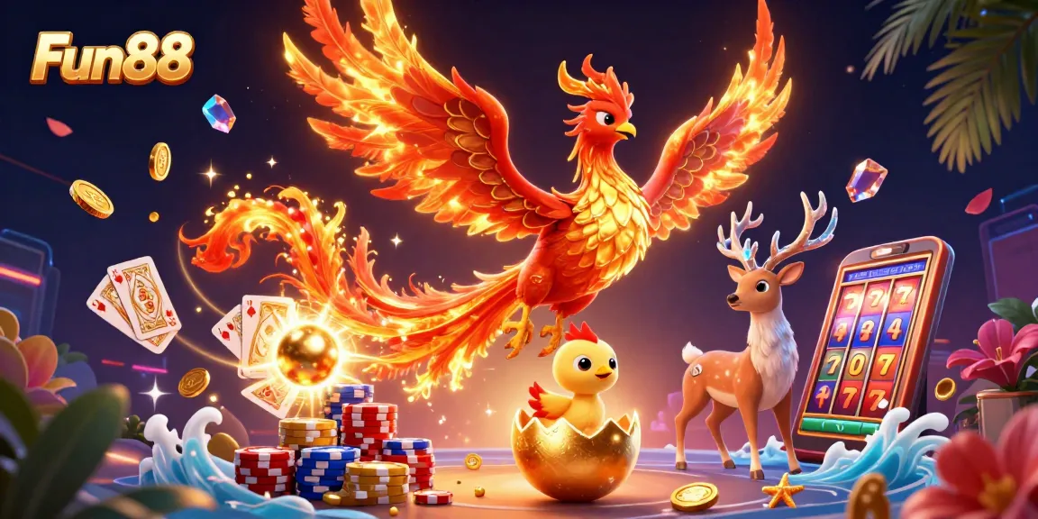 Engage with Fun88's vibrant atmosphere featuring a phoenix, golden coins, and exciting gaming elements.