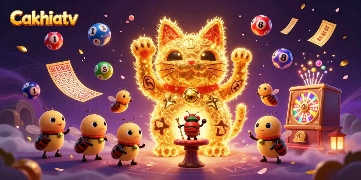 Cakhiatv showcases a captivating 3D illustration of a lucky cat and golden fireflies, enhancing your gaming experience.
