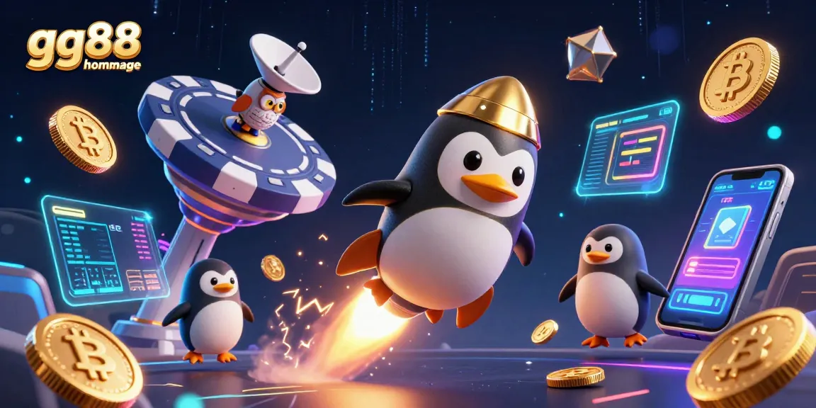 Experience the exciting world of gg88 homepage with a 3D penguin on a cosmic journey filled with vibrant gaming elements.
