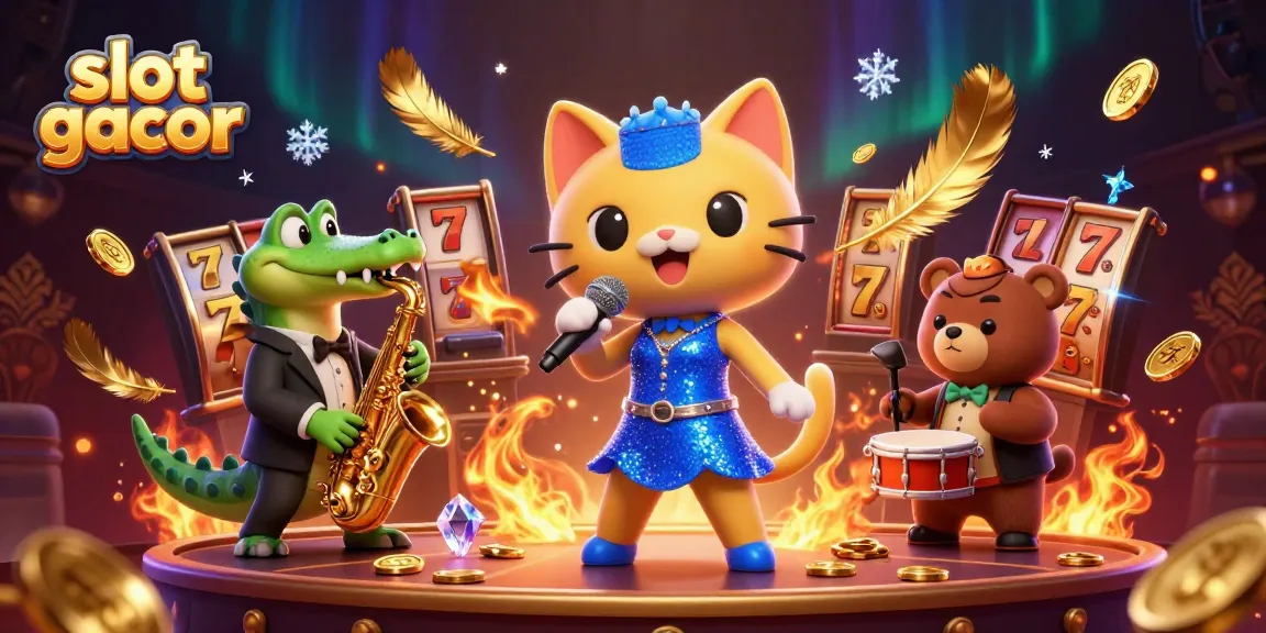 Engage with slot gacor excitement as a jazz-singer cat, saxophone crocodile, and drum bear celebrate winning.