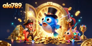 Win big with alo789 in this vibrant illustration of a deep-sea anglerfish and friends in a treasure scene.
