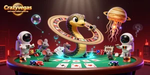 Astronaut mice place bets on a roulette wheel while enjoying a vibrant crazyvegas real money online casino au atmosphere.