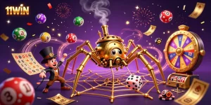 11WIN showcases a captivating steampunk scene with golden spider and playful elements for gamblers.