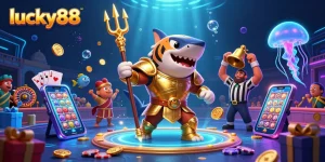 Experience the thrill of lucky88 with a vibrant underwater casino scene featuring a tiger shark in gladiator armor.