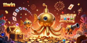 Blending the excitement of 11WIN with a colorful underwater casino scene featuring slots and treasures.