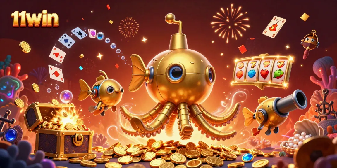 Blending the excitement of 11WIN with a colorful underwater casino scene featuring slots and treasures.