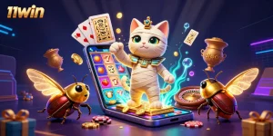Engage with 11WIN's thrilling gaming experience featuring the Egyptian mummy cat & vibrant slot visuals.