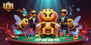 Experience the excitement of U31 with a bumblebee boss and poker elements in a vibrant casino scene.
