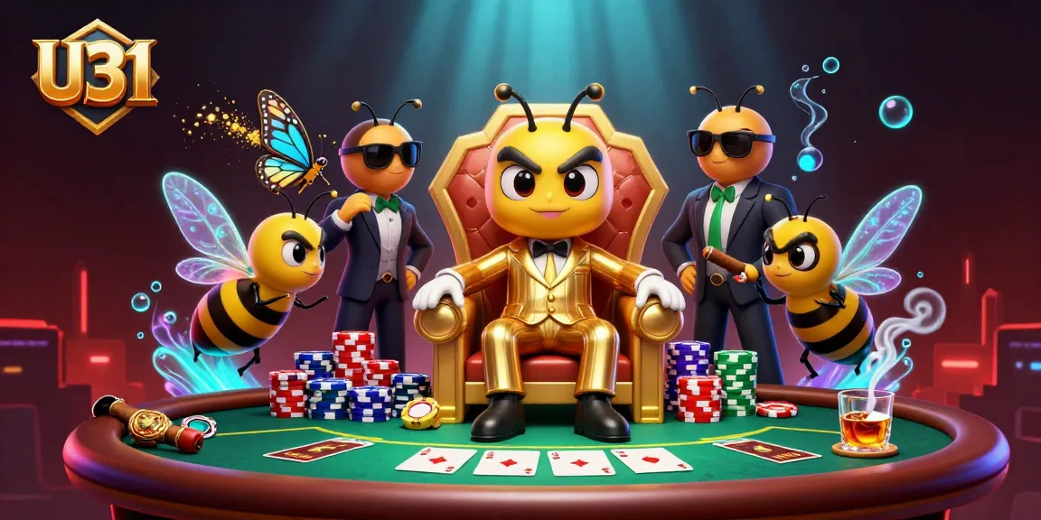 Experience the excitement of U31 with a bumblebee boss and poker elements in a vibrant casino scene.