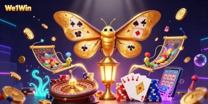 Experience We1Win's thrilling gambling with vibrant casino elements and lucky symbols.