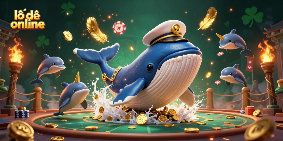 Experience the thrill of lô đề online with a colorful 3D scene featuring playful whales, dolphins, and golden treasures.