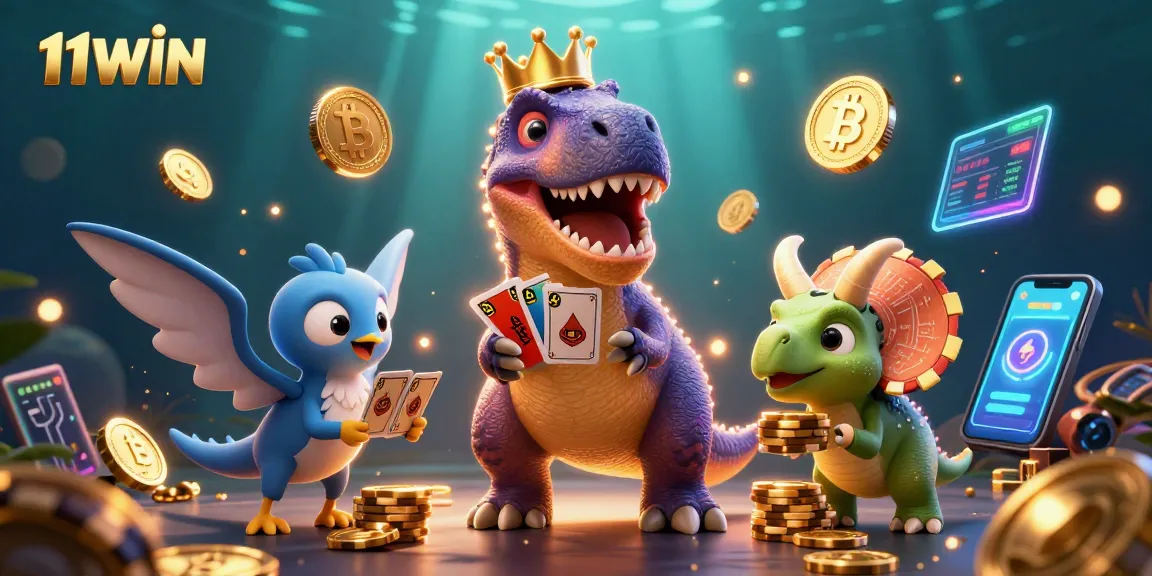 Join 11WIN at a vibrant casino scene featuring a friendly T-Rex and his dino pals engaging with colorful crypto elements.